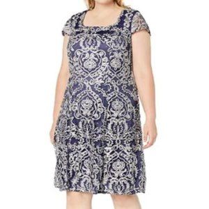 NWT Alex Evenings Navy Silver embellished knee length dress Plus size 24 w $245